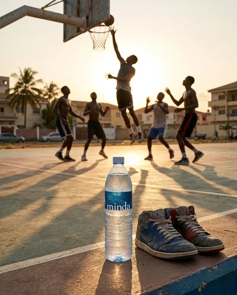 Garrafa Minda à beira de um campo de basquete em Luanda